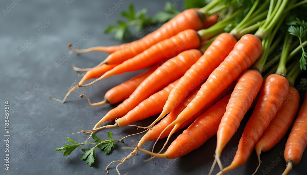 Fresh carrots arranged beautifully on gray background, showcasing their vibrant orange color and green tops, perfect for healthy meals Fresh carrots arranged beautifully on gray background, showcasing their vibrant orange color and green tops, perfect for healthy meals
