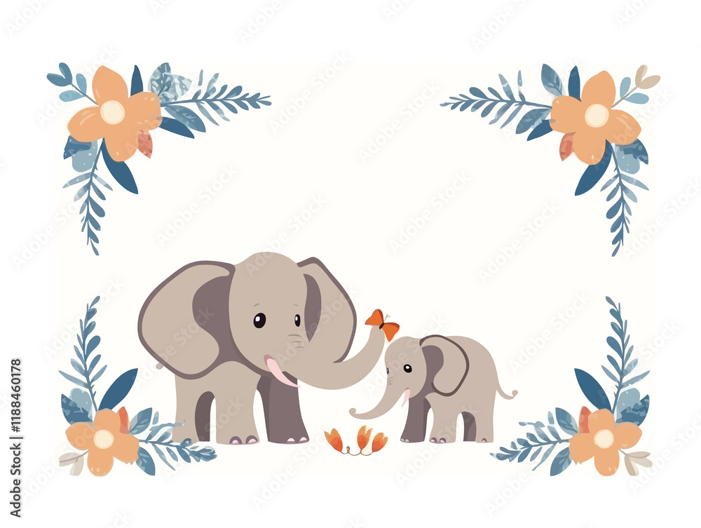 Obraz premium Natural forest cartoon elephant frame white background