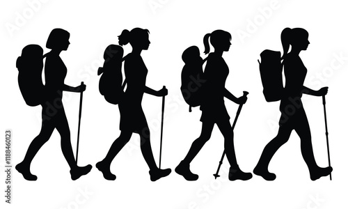 Girl with a backpack behind her back and a walking stick. Woman tourist walks with a tourist cane. female silhouettes isolated on white background.