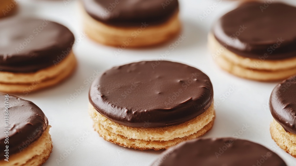 Close-up of multiple chocolate-covered sandwich cookies arranged on a white surface. Close-up of multiple chocolate-covered sandwich cookies arranged on a white surface.