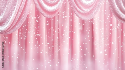 Soft pink curtain backdrop blends snowfall design and serene ambiance