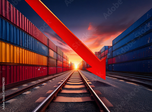 A large red arrow points down over railway tracks lined with shipping containers, symbolizing a decline in global trade and economic downturn.  The setting sun adds to the sense of impending crisis.