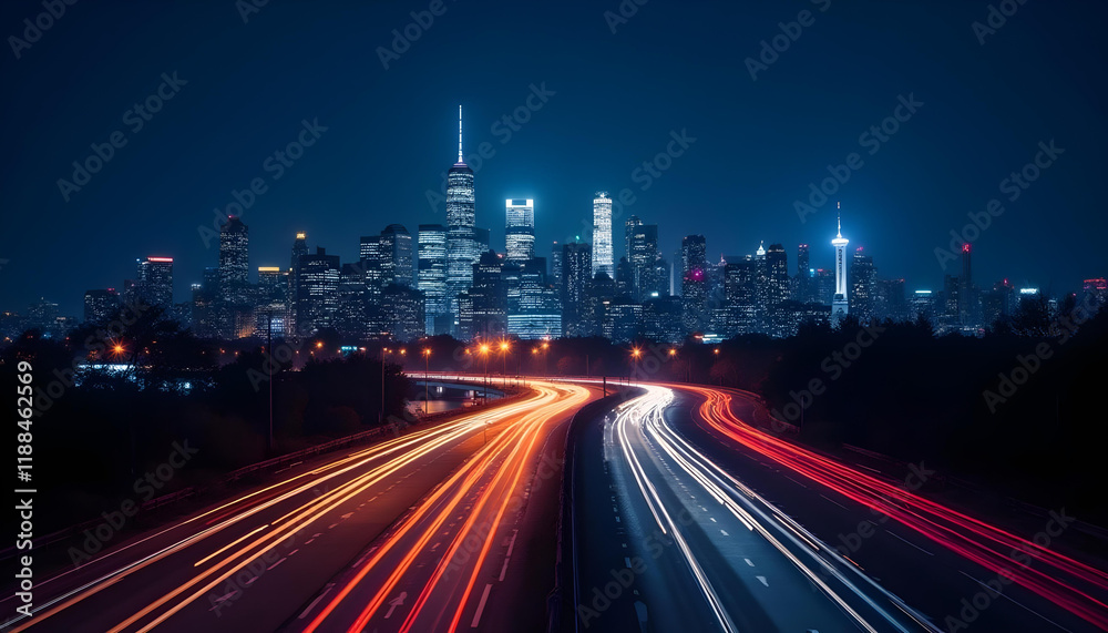 Vibrant city skyline at night with dynamic highway lights creating lively atmosphere Vibrant city skyline at night with dynamic highway lights creating lively atmosphere