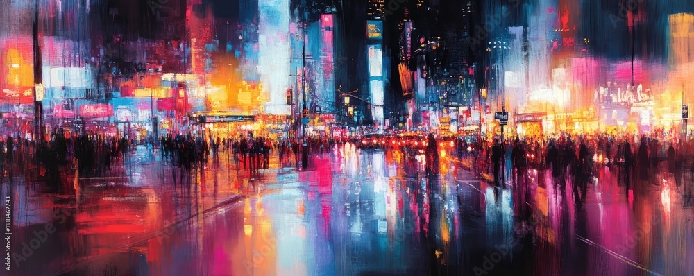 Fototapeta premium Vibrant neon city lights reflecting on wet streets at night.