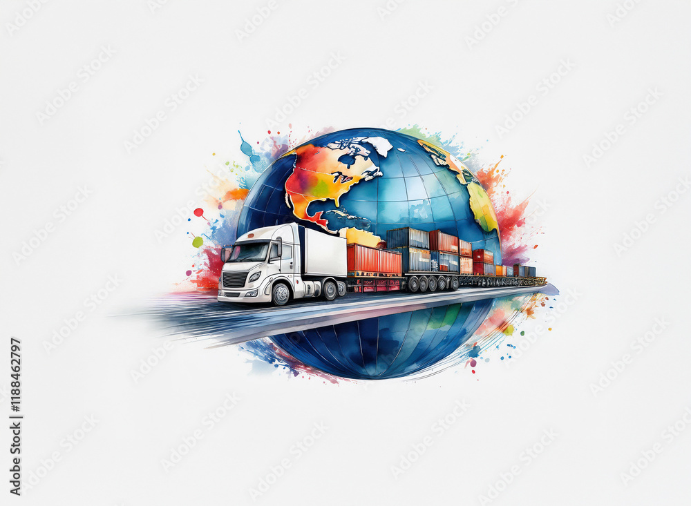 Obraz premium A vibrant watercolor globe depicts global shipping. A white semi-truck with cargo containers speeds across the planet, symbolizing international trade and fast delivery.