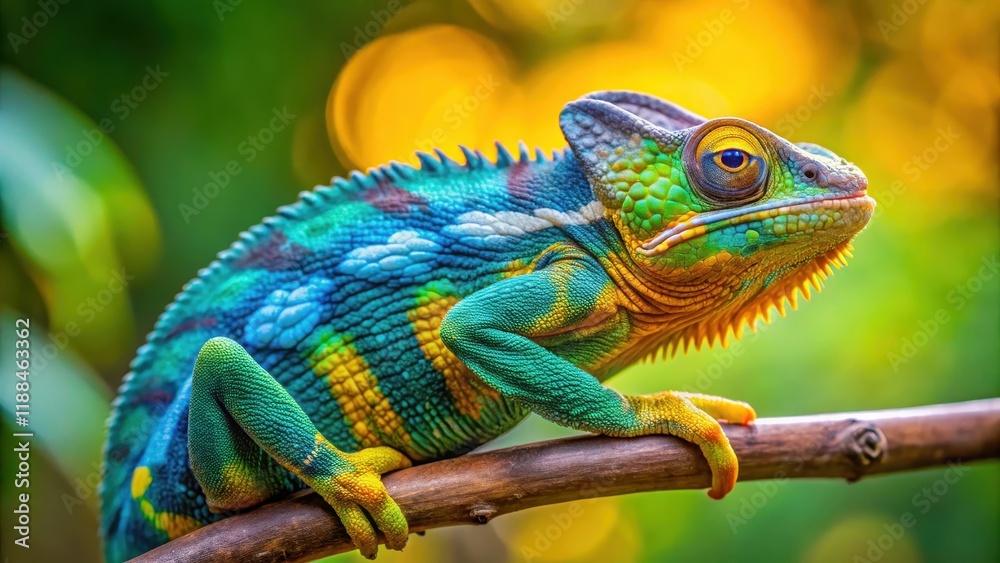 Obraz premium Green Ambanja panther chameleon sitting on a branch, displaying its vibrant yellow and blue throat fan, Ambanja Panther Chameleon, Panther Chameleon