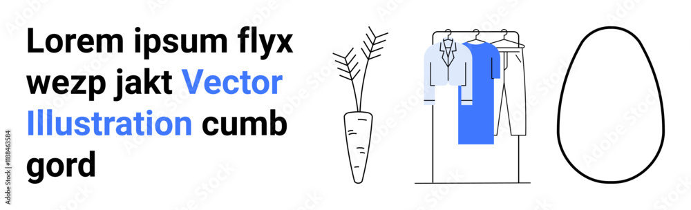 Text block alongside a minimalistic drawing of a potted plant, clothes hanging on a rack, and an egg-shaped figure. Ideal for fashion, home decor, simplicity, minimalism, typography, vector art