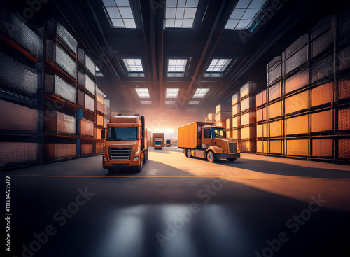 Large warehouse interior with two orange semi-trucks parked between high stacks of cargo.  Sunlight streams through high windows, illuminating dust motes. photo