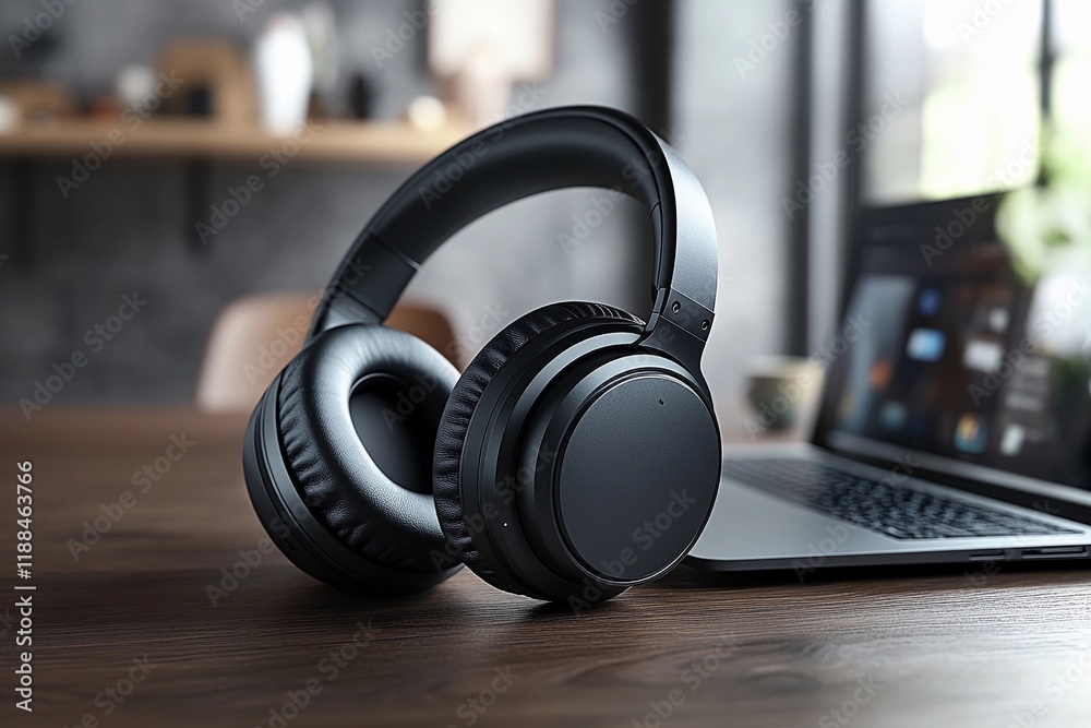 Dark headphones sit next to an open laptop on a wooden desk, with a cozy, contemporary workspace background enhancing the atmosphere. Generative AI Dark headphones sit next to an open laptop on a wooden desk, with a cozy, contemporary workspace background enhancing the atmosphere. Generative AI