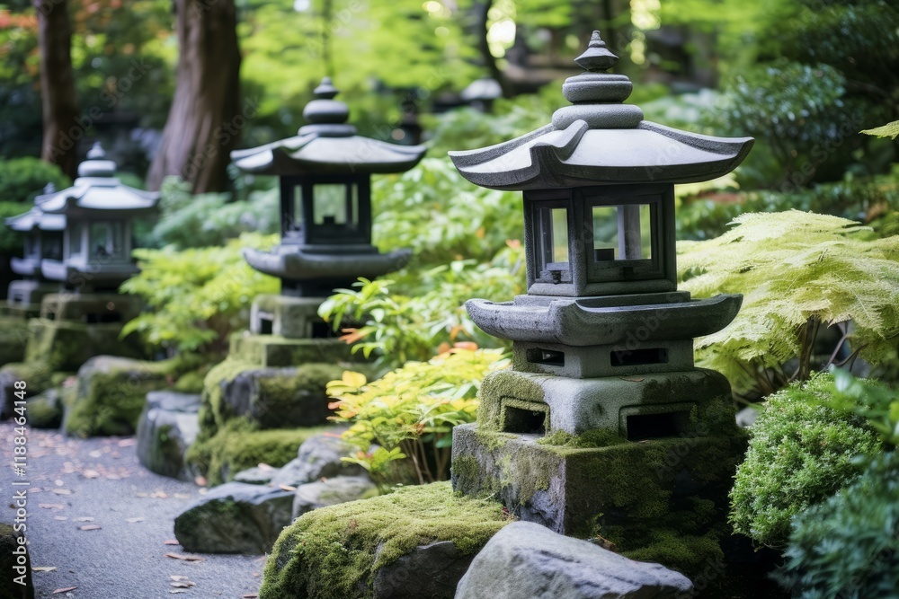 Moss covered stone lanterns create a tranquil atmosphere along a path in a lush japanese garden