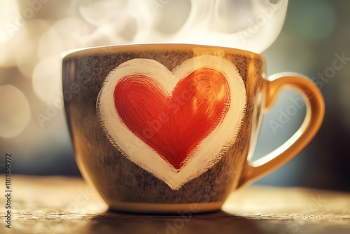 Close-up of a red heart painted on a coffee cup, with steam wisps captured in the soft caf?(C) lighting. photo