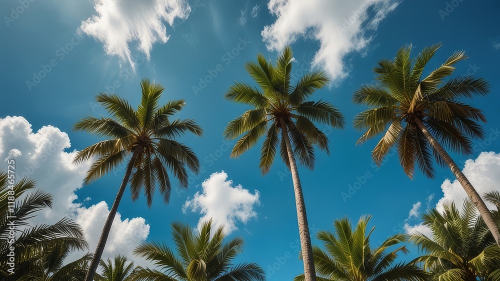 Obraz premium Green palm trees against blue sky and white clouds. Tropical jungle forest with bright blue sky, panoramic nature banner. Idyllic natural landscape, looking up, low point of view. Summer traveling