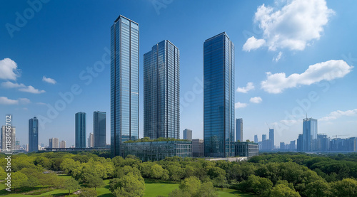 Modern skyscrapers surrounded by lush greenery under a clear blue sky, showcasing urban and eco friendly harmony.