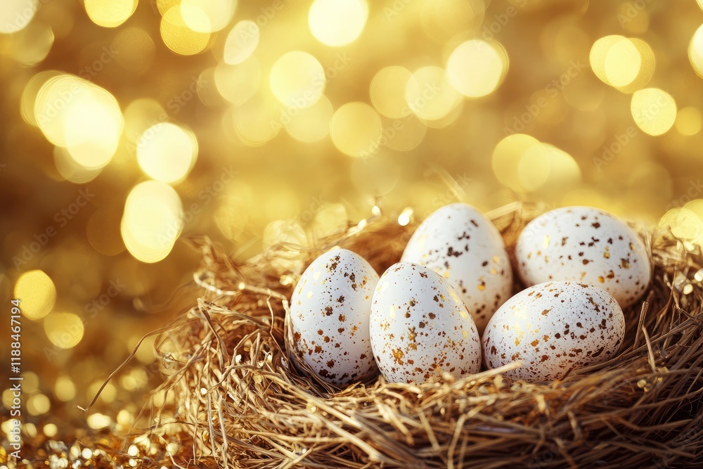 Easter eggs in wicker basket over golden background Easter eggs in wicker basket over golden background