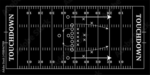 Black American football field with tactics, top view