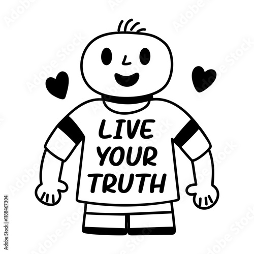 A glyph sticker of a smiling person wearing a shirt that says live your truth