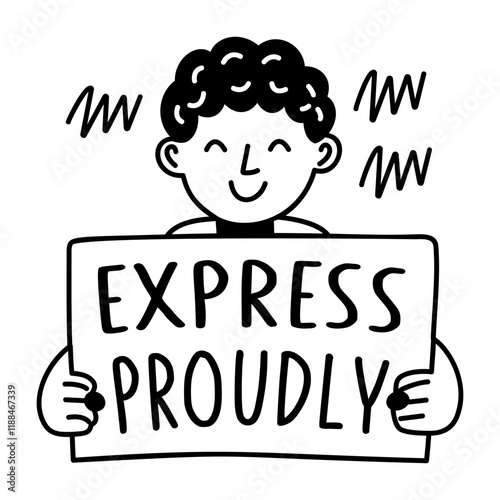 A glyph sticker of a person with pink hair holding a sign that says express proudly