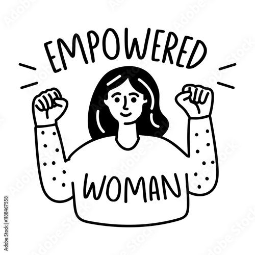 A glyph sticker of a girl with her fists raised and the text empowered woman 