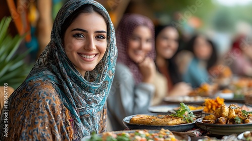 Group of friends enjoying traditional Kuwaiti food outdoors with festive decorations photo