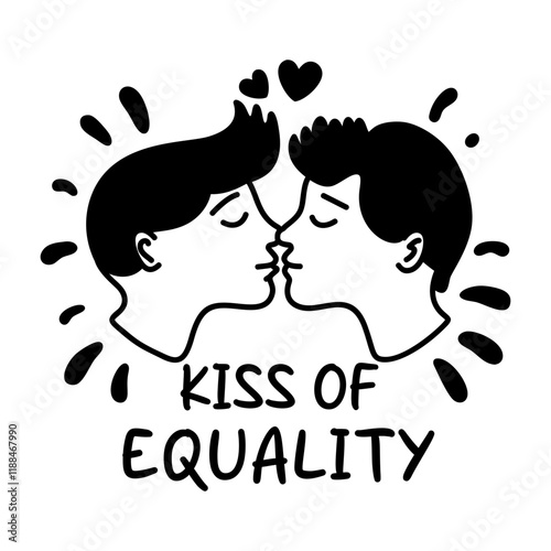 glyph sticker of gay couple with text kiss of equality 