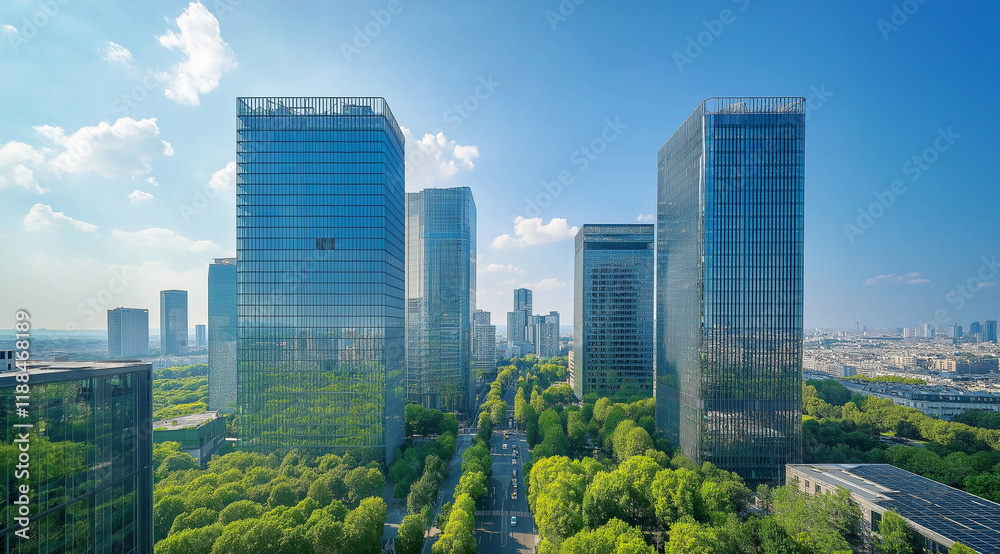 Fototapeta premium Modern cityscape with towering glass buildings surrounded by lush green landscapes, showcasing urban sustainability.