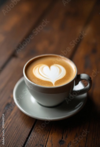 Heart latte art in ceramic mug on rustic wooden table for Valentine’s Day