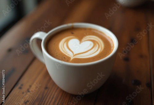 Heart latte art in ceramic mug on rustic wooden table for Valentine’s Day