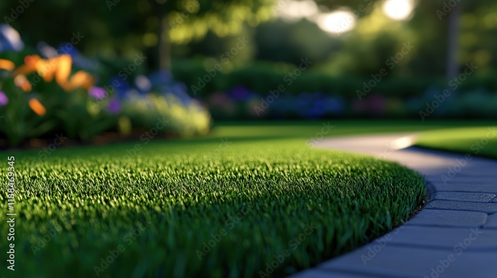 Fototapeta premium Serene Garden Path at Sunset: Lush Green Grass and Flowers