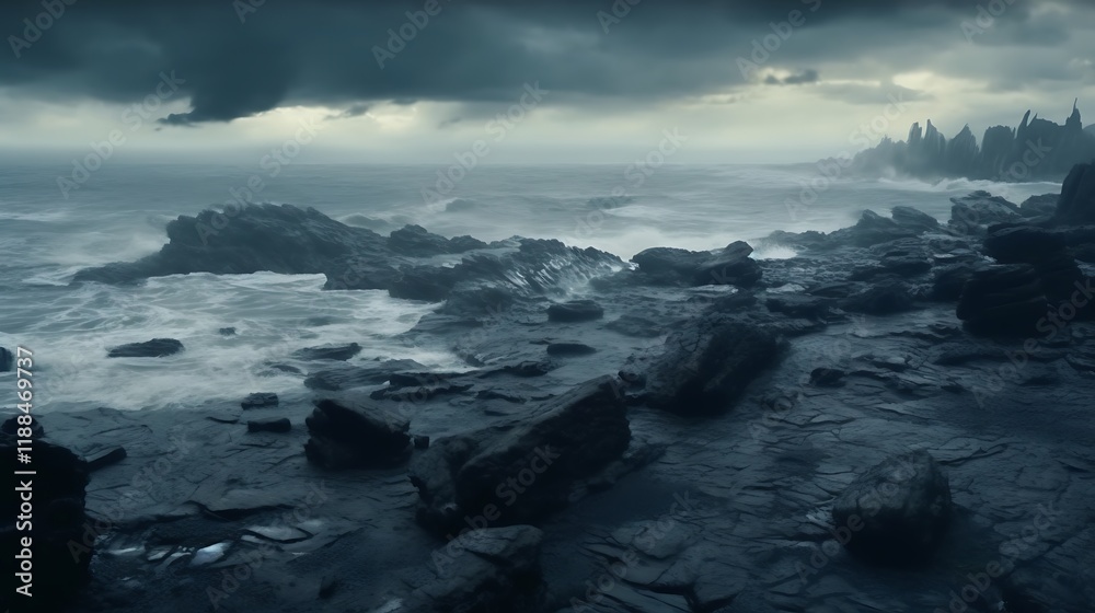Dark Stormy Seascape Rugged Coastline Rocks Dark Stormy Seascape Rugged Coastline Rocks