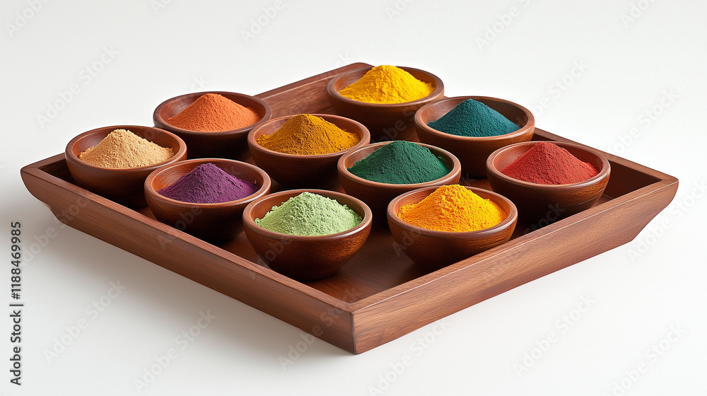 Naklejka premium Assorted Holi powders in wooden bowls on a wooden tray