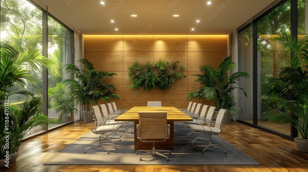 Fototapeta premium Modern office meeting room, wood paneling, lush greenery, sunny.