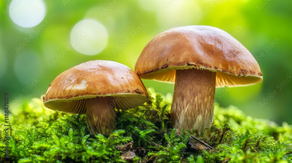 Two mushrooms growing on mossy ground, macro photography, bokeh, sunlight, bright, green background. Two mushrooms growing on mossy ground, macro photography, bokeh, sunlight, bright, green background.