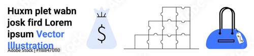 Money bag with dollar sign, hierarchical organizational chart, and blue handbag. Ideal for financial planning, investment strategies, business structure, retail industry, shopping themes, economics