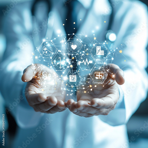 Ai generates healthcare innovations male doctor holding medical icons in a digital environment for enhanced patient care