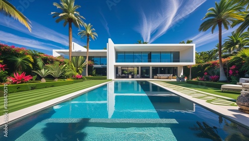 Modern Luxury Villa with Swimming Pool Surrounded by Lush Greenery and Clear Blue Sky photo