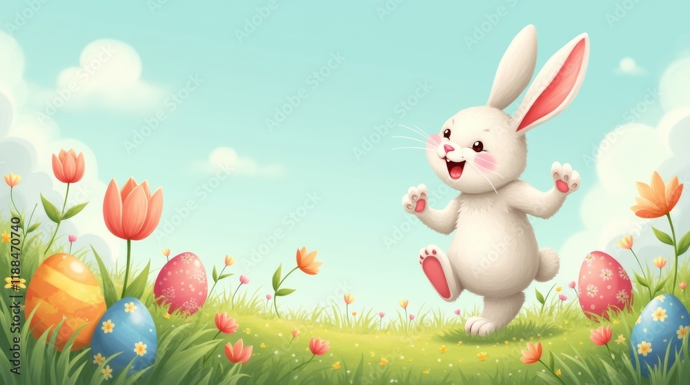 Fototapeta premium A whimsical illustration of the Easter Bunny joyfully hopping through a colorful spring meadow, surrounded by blooming flowers and decorated Easter eggs
