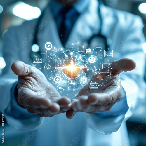 Ai-generated healthcare innovations by male medicine doctor hospital setting digital icons futuristic viewpoint