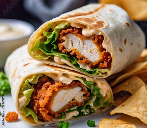 A serving of zinger wrap filled with crispy fried chicken, lettuce, and mayo wrapped in a tortilla
