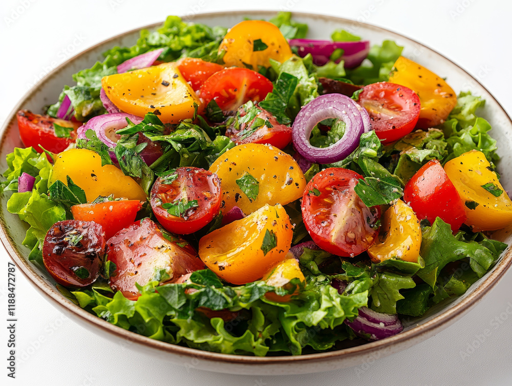 Vibrant salad with red and yellow tomatoes, red onion, and fresh greens. Vibrant salad with red and yellow tomatoes, red onion, and fresh greens.