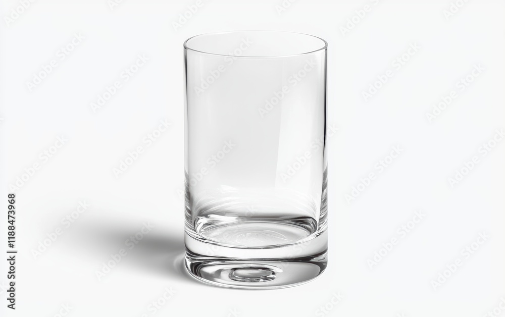 A plain clear water glass with a cylindrical shape on a clean white background A plain clear water glass with a cylindrical shape on a clean white background