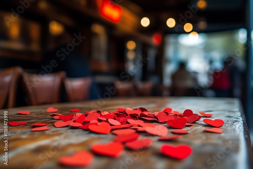 Detailed image of a red heart confetti spread on a rustic caf?(C) table during a romantic date, focusing on the textures and colors. photo