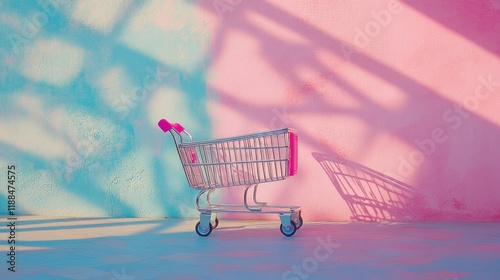 Miniature shopping cart against pastel pink and blue wall with shadows. photo