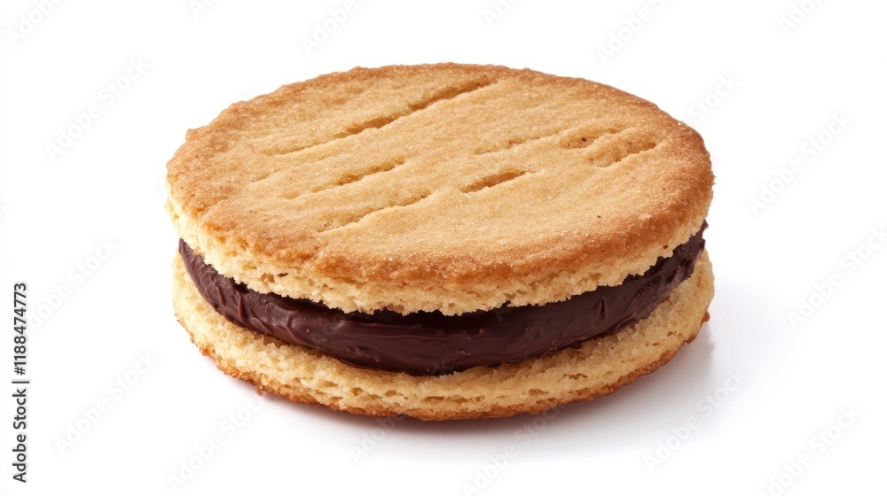 Close-up of a round, chocolate-filled sandwich cookie isolated on white. Close-up of a round, chocolate-filled sandwich cookie isolated on white.