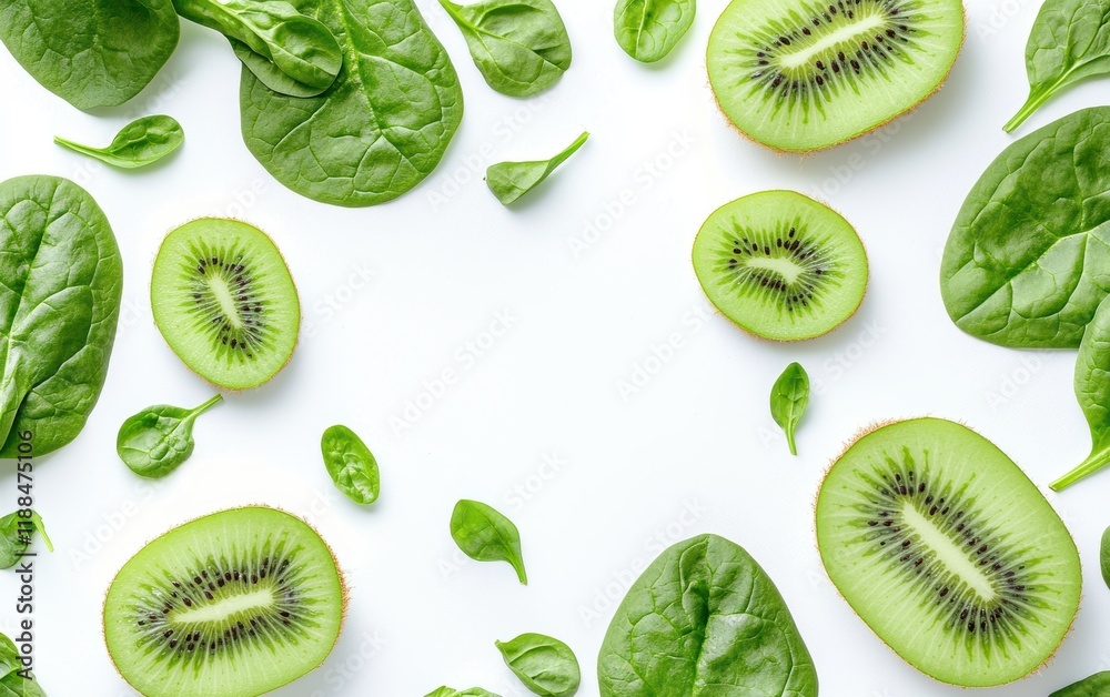 Fototapeta premium A refreshing green smoothie with spinach and kiwi slices on a bright white surface