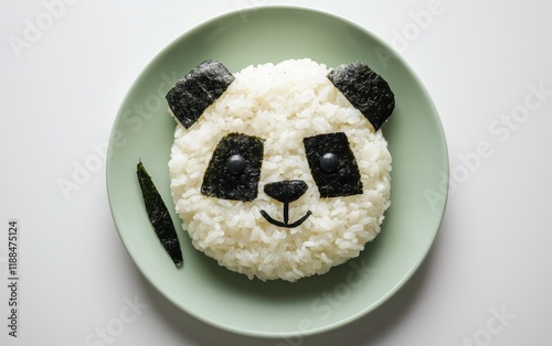 A plate of rice shaped like a panda with nori sheets for details on a clean white backdrop photo