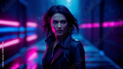 A fierce-looking woman in a leather jacket standing in a neon-lit alley with vibrant blue and pink lights, evoking a dark and futuristic cyberpunk atmosphere