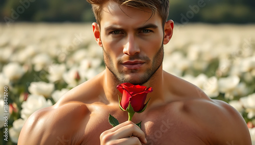 a handsome man holding a rose