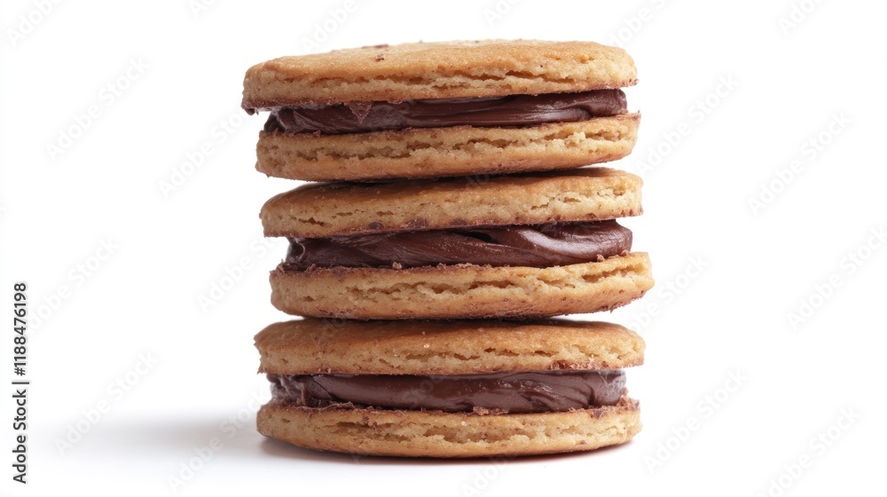 Stack of three chocolate cream filled biscuits on white background. Stack of three chocolate cream filled biscuits on white background.