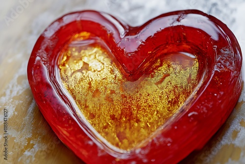 Detailed view of a red heart carved into the caf?(C) tablea??s surface, filled with golden resin for a modern twist on traditional love symbols. photo