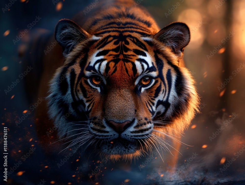 Fototapeta premium Majestic Tiger in Ember Glow: A Stunning Wildlife Portrait
